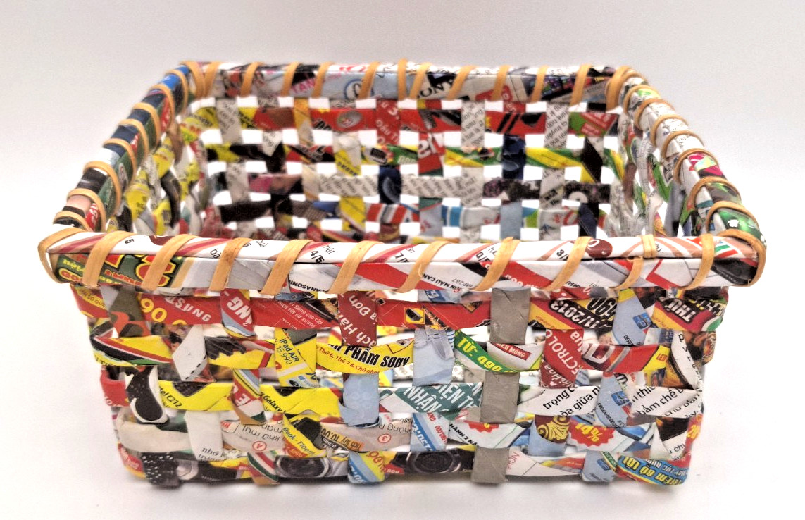 Handcrafted Recycled Magazines Rectangular Basket Artisan Upcycled Box 8.25"