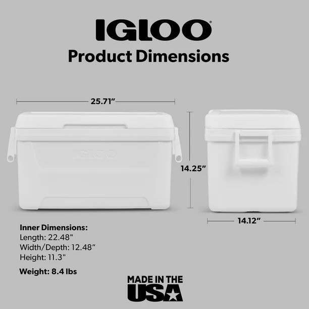 Igloo 48QT Ice Chest Cooler White Plastic 76 Can 25.71x14.25x14.12 in