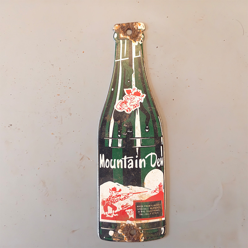VINTAGE MOUNTAIN DEW BOTTLE SHAPED PORCELAIN ENAMEL SODA AD SIGN 8 inches high