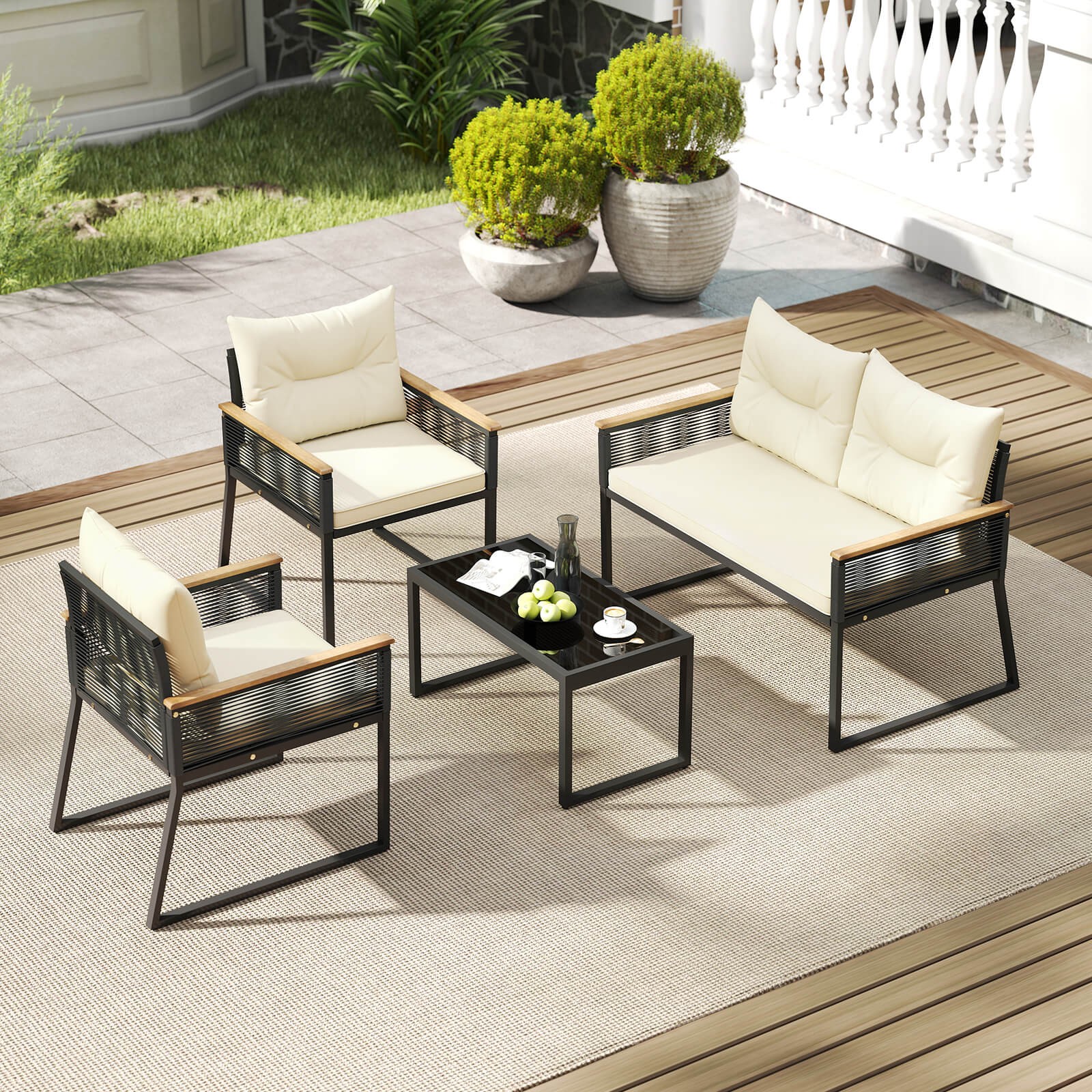 8 PCS Patio Furniture Set w/Tempered Glass Coffee Table PE Wicker Rattan Chairs