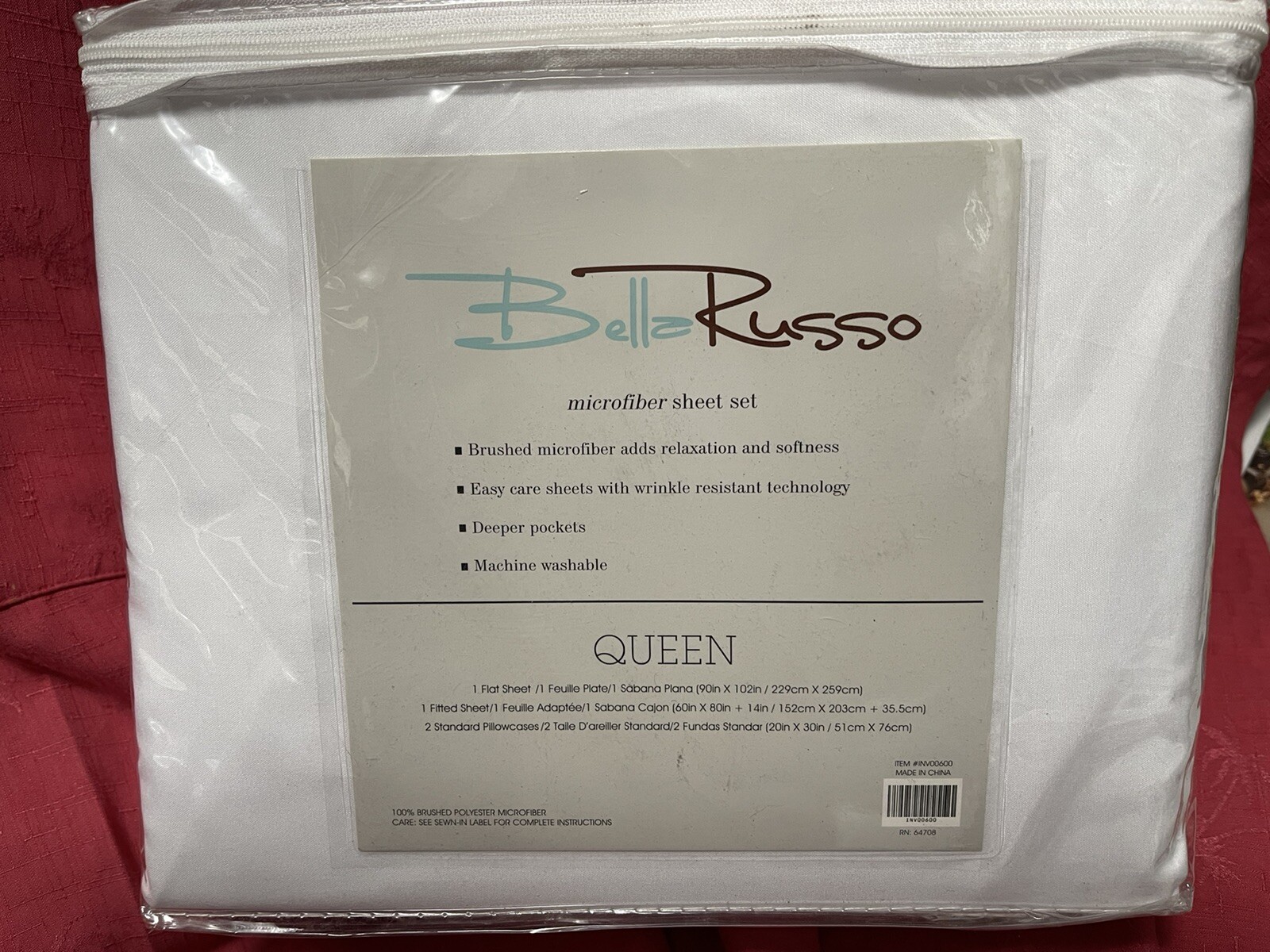 Bella Russo White Microfiber Queen Sheet Set New in Package Fitted Flat 2 Pillow