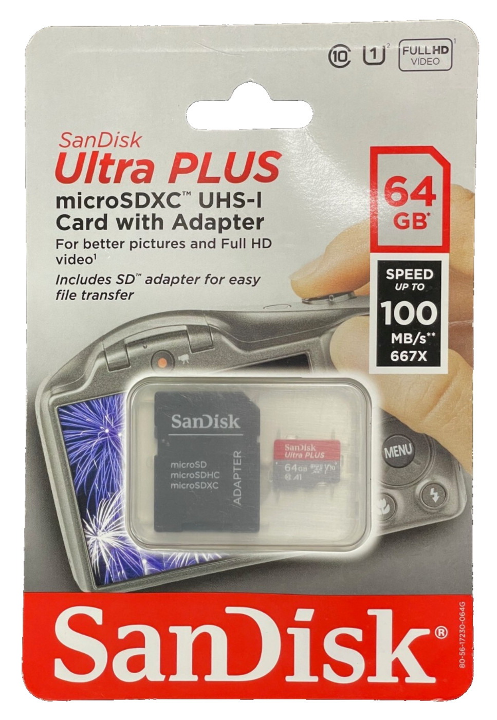 SanDisk Ultra Plus 64 GB microSDXC UHS-I Card w Adapter Video Speed 100 MB/S NEW