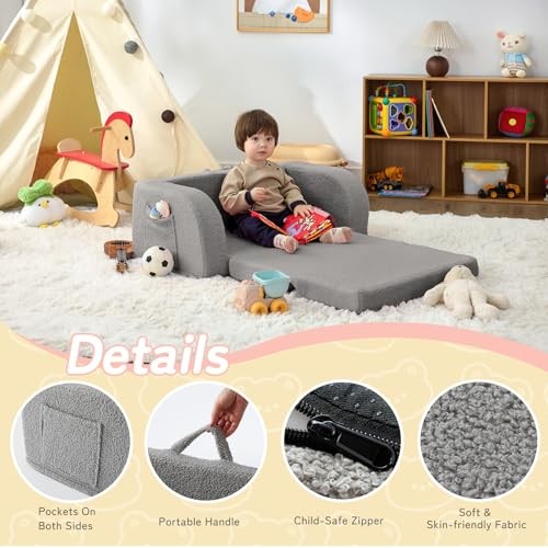 Toddler Couch, 2-in-1 Toddler Chairs Comfy 1-3 Years Old, Toddler Large Grey