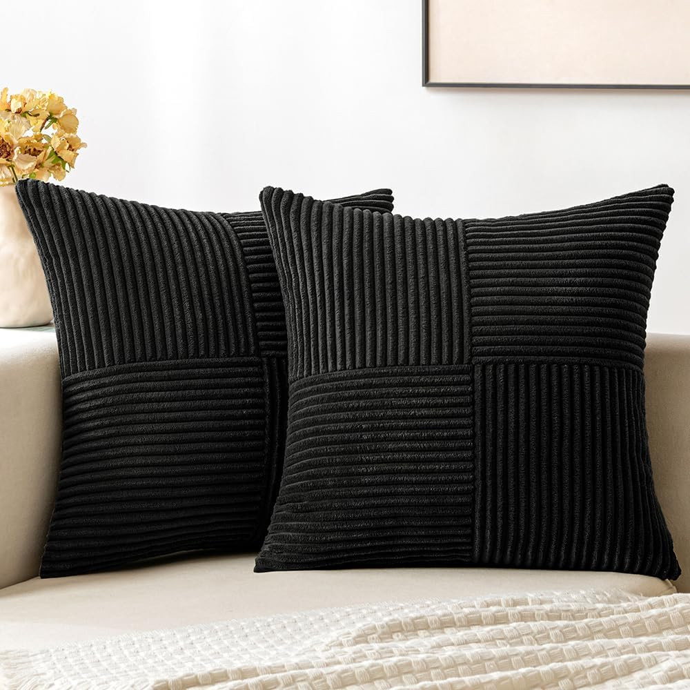 Black Corduroy Pillow Covers 2 Pack Boho Decorative Spliced Throw Pillow Covers