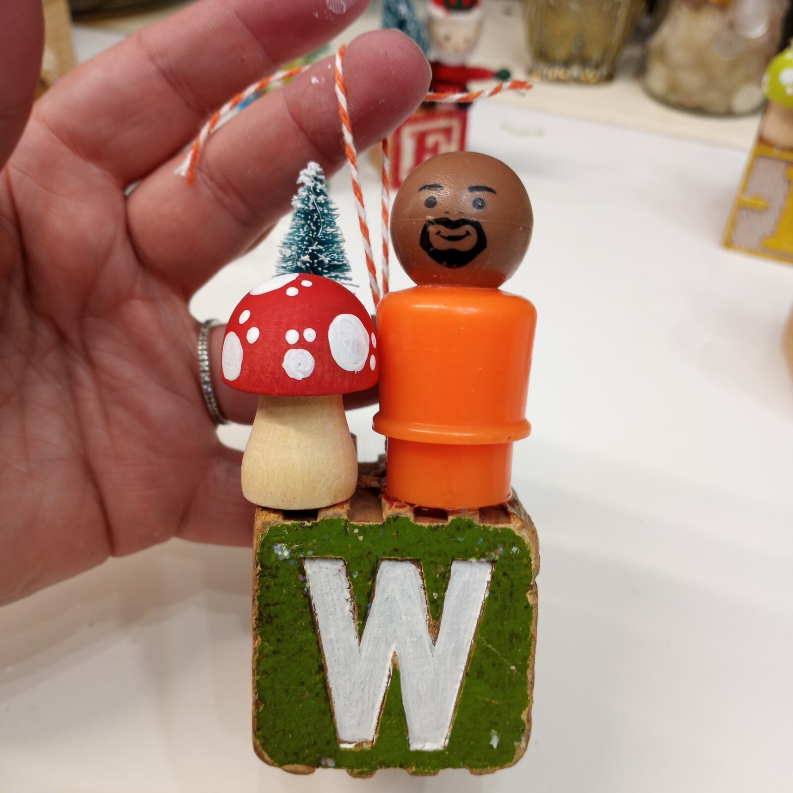 Vintage building block  Fisher Price Little People Christmas Ornament Letter W