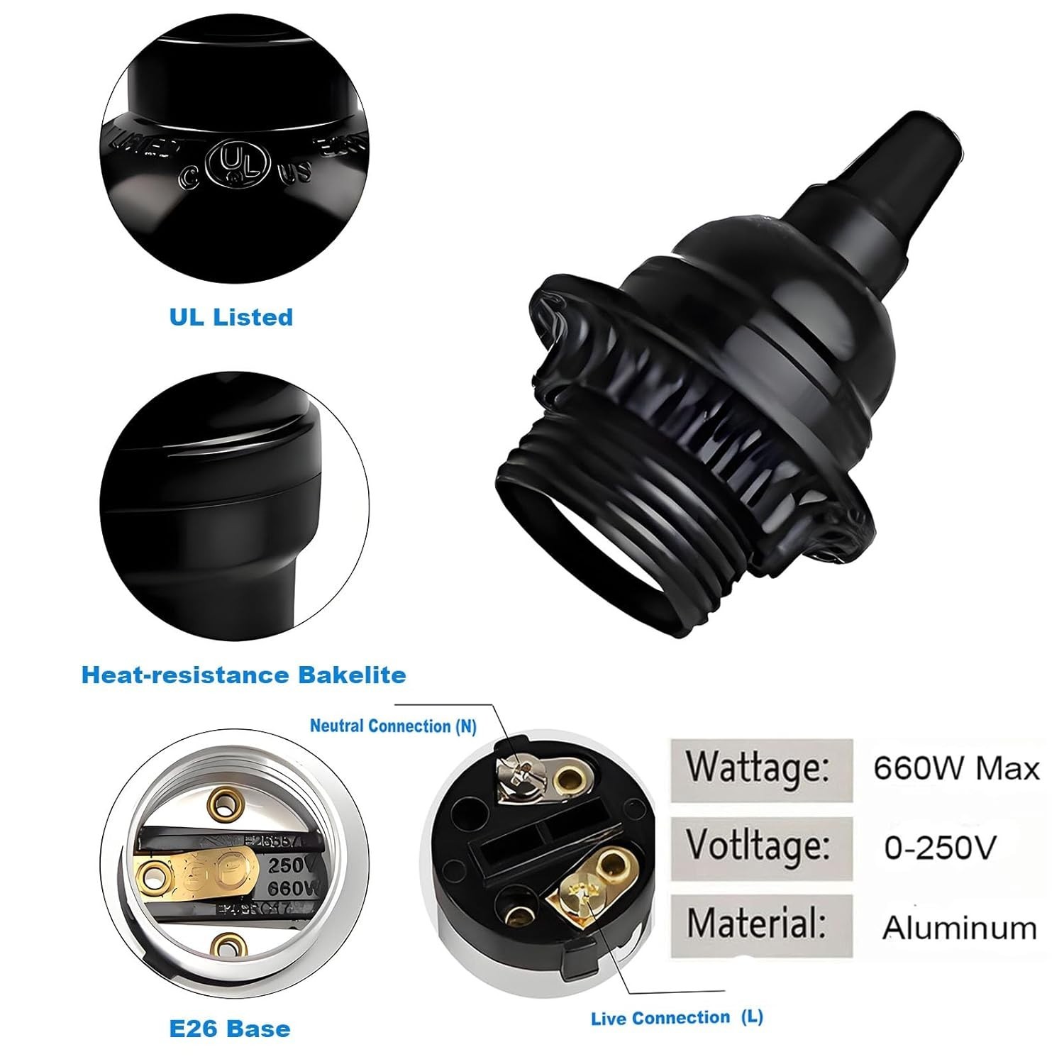 Keyless Medium Base Vintage Socket,Black Bakelite Socket E26/E27 Vintage Scre...