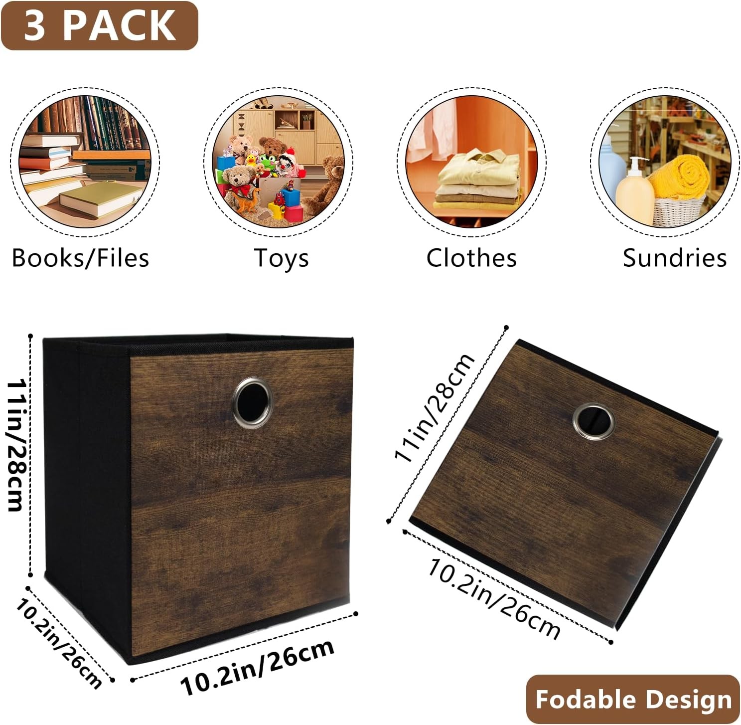 Wood grain thickened fabric storage box, foldable storage cube decorative box