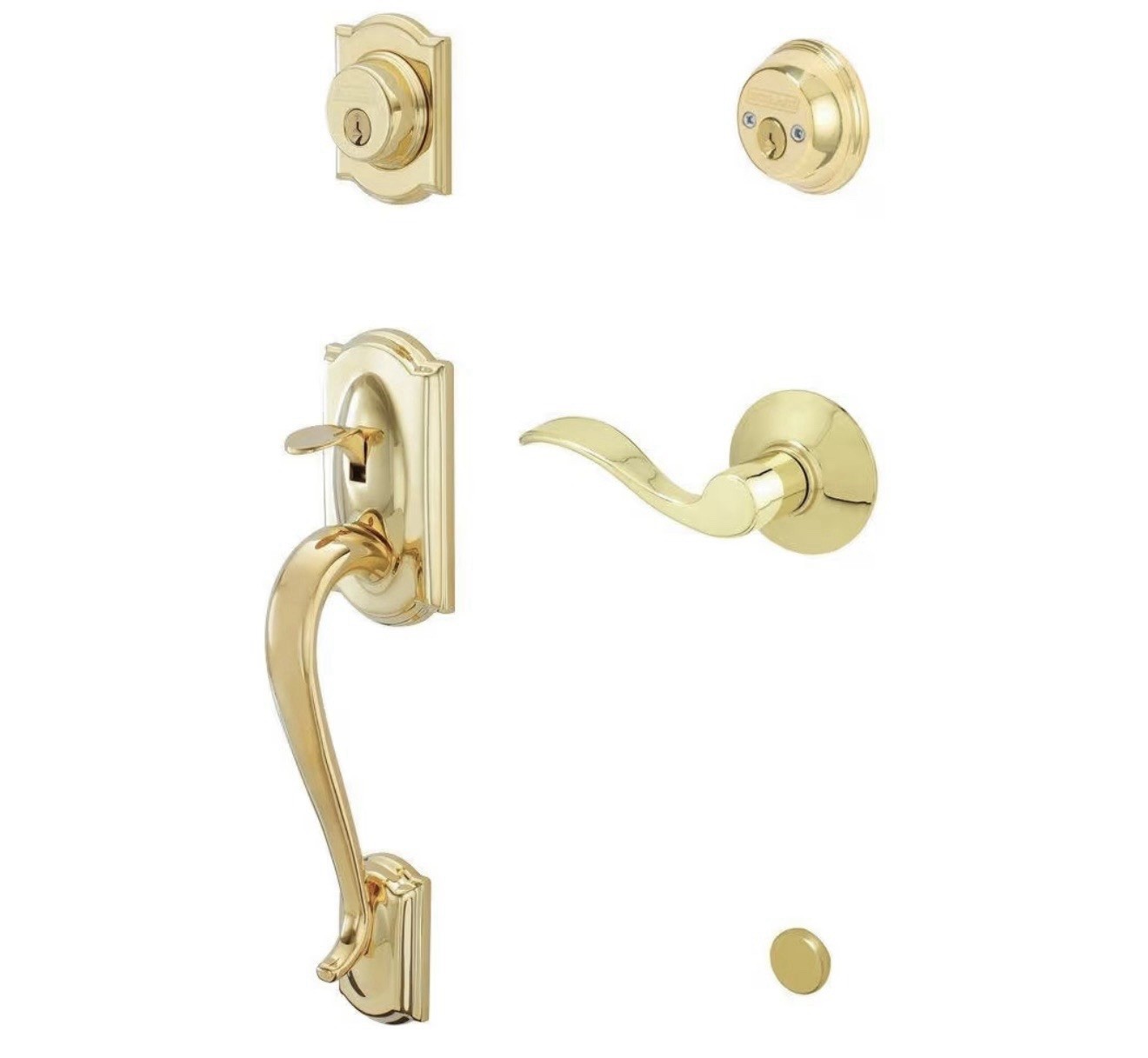 Schlage F62CAM505ACC605RH Camelot Handleset Keyed 2 Sides RH Lever Bright Brass