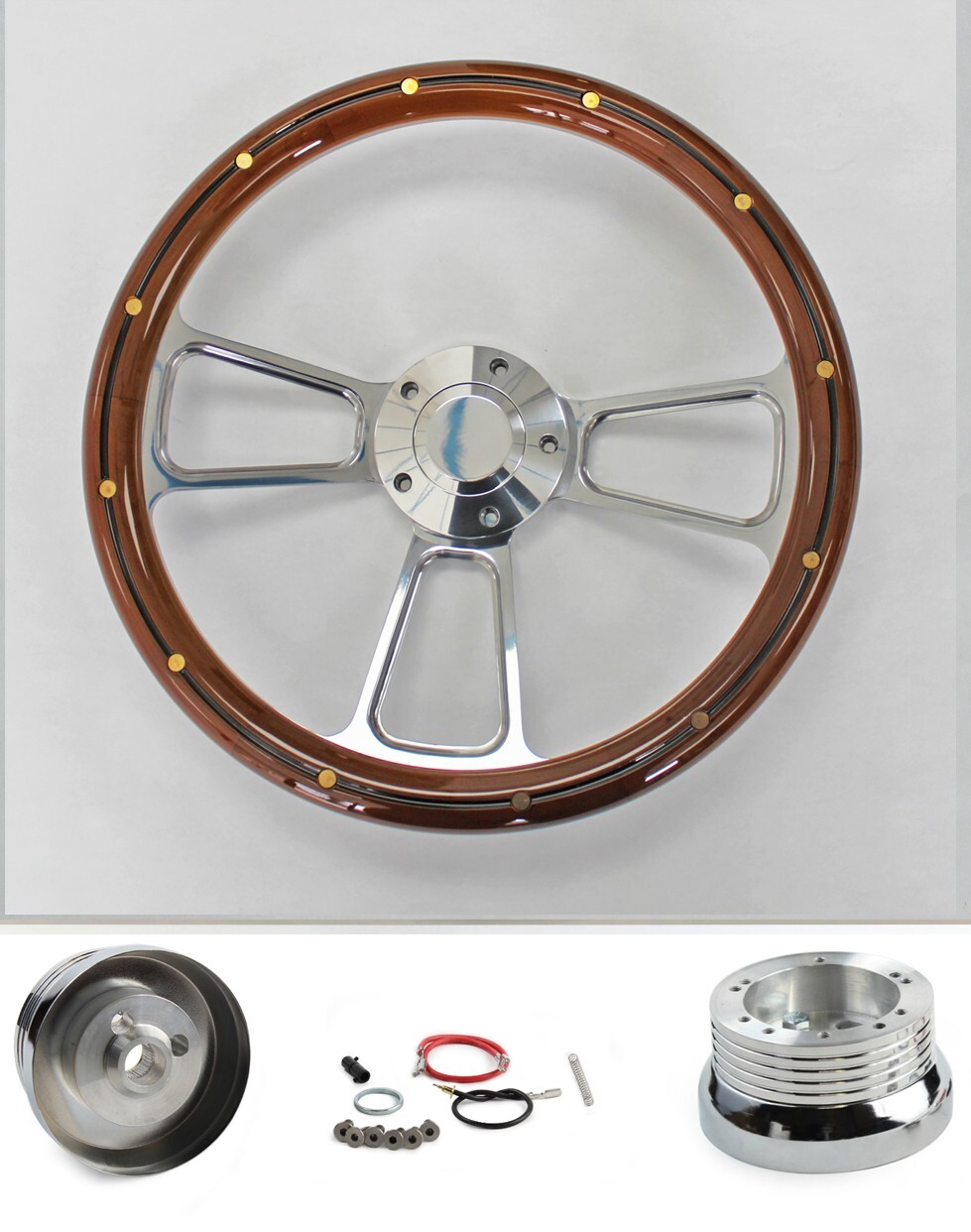 Bronco F100 F150 F250 F350 Billet Steering Wheel 14" Mahogany Wood with rivets