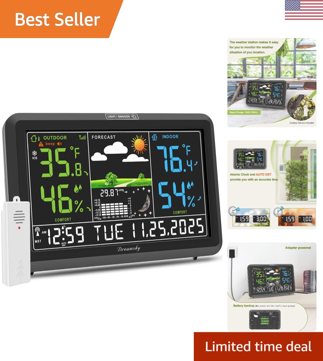 Large Display Digital Weather Station with Remote Sensors & Adjustable Backlight