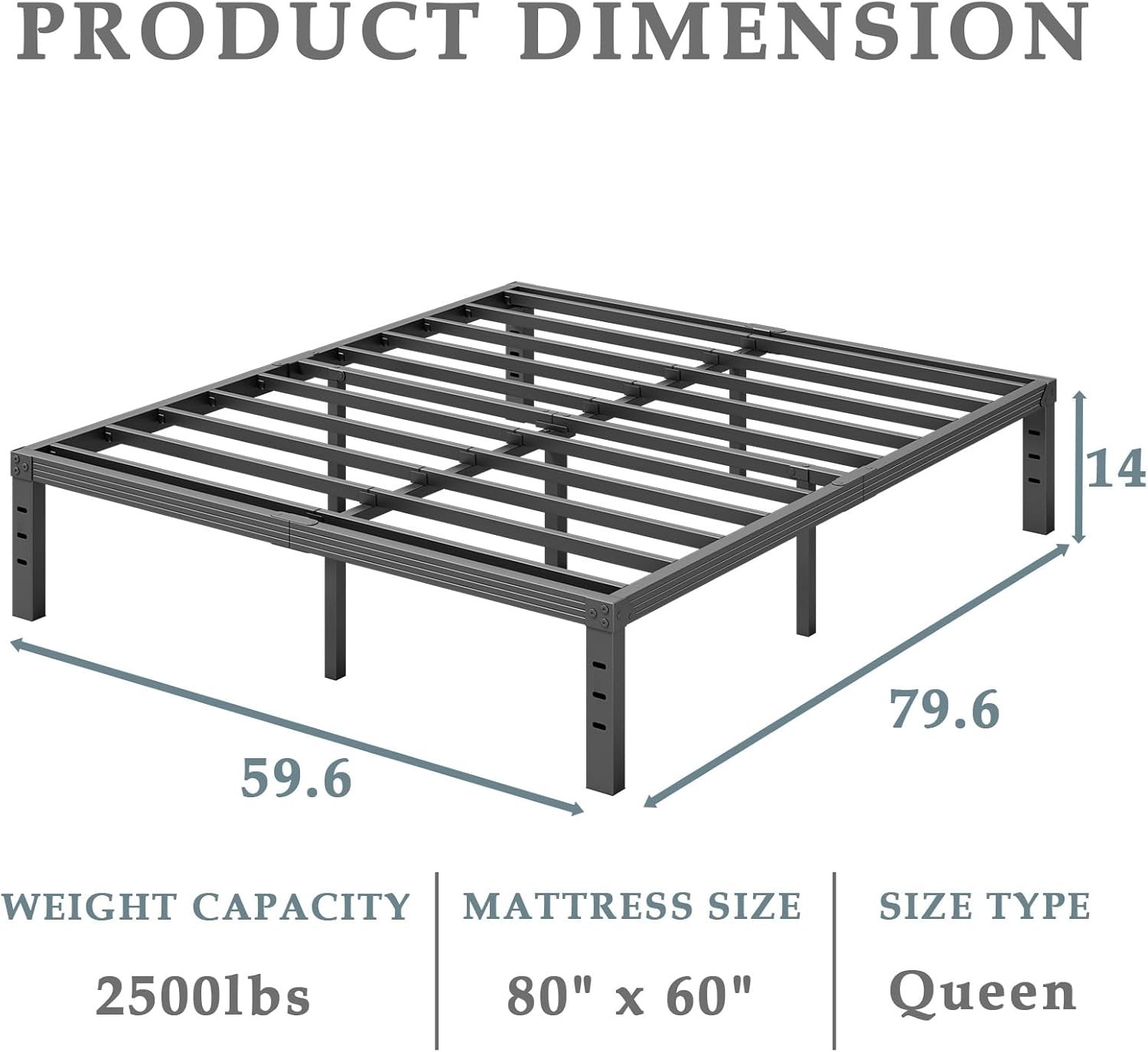 Bed-Frame-Queen 14 Inch Metal Platform Bed-Frame No Box Spring Needed Heavy Duty