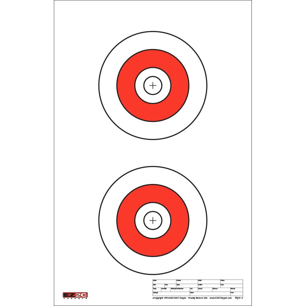 EZ2C Targets Style 2: Double Bullseye Paper Shooting Range Targets USA MADE 11”x