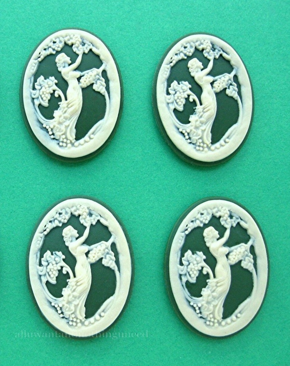 4 Ivory Color LADY Picking GRAPES on Green 40mm x 30mm Costume Jewelry CAMEOS