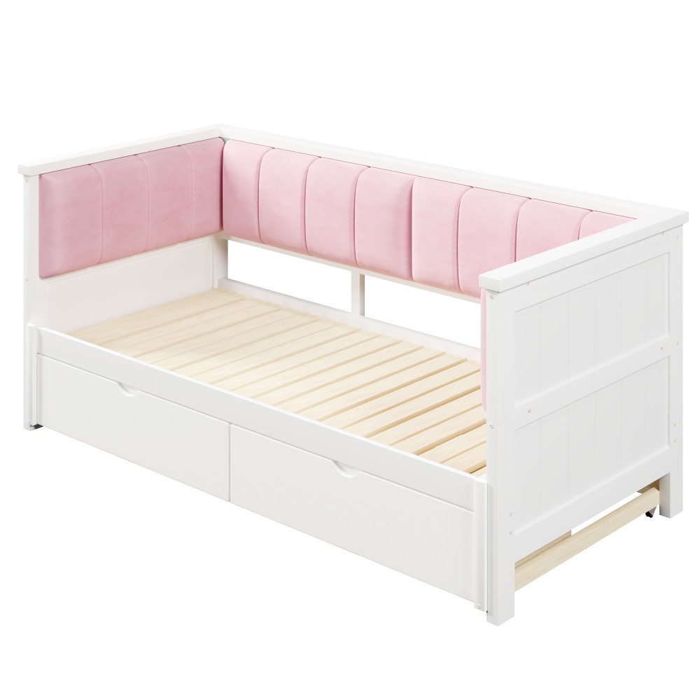 Pink & White Velvet Daybed Twin XL to King w/ Storage & Backrest