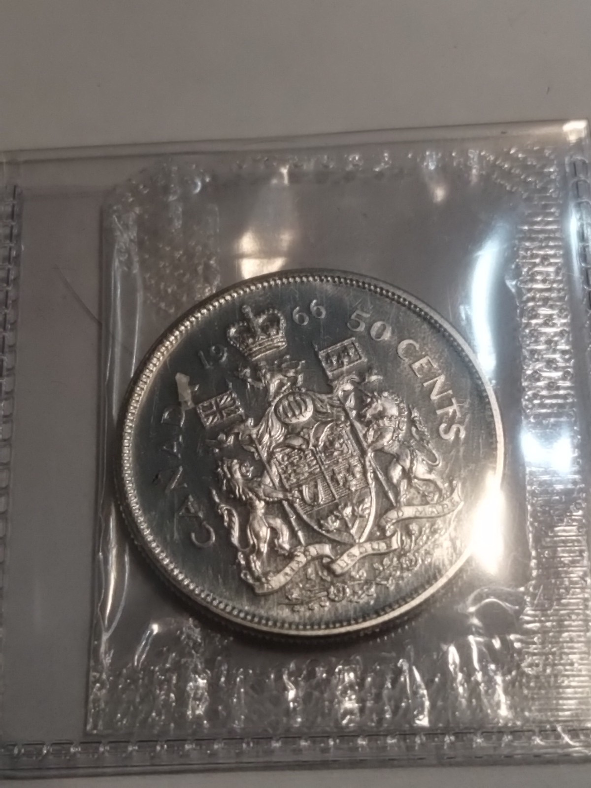 1966 Canada 80% Silver 50 Cents, Half Dollar, Prooflike Unc., In Original Cello.