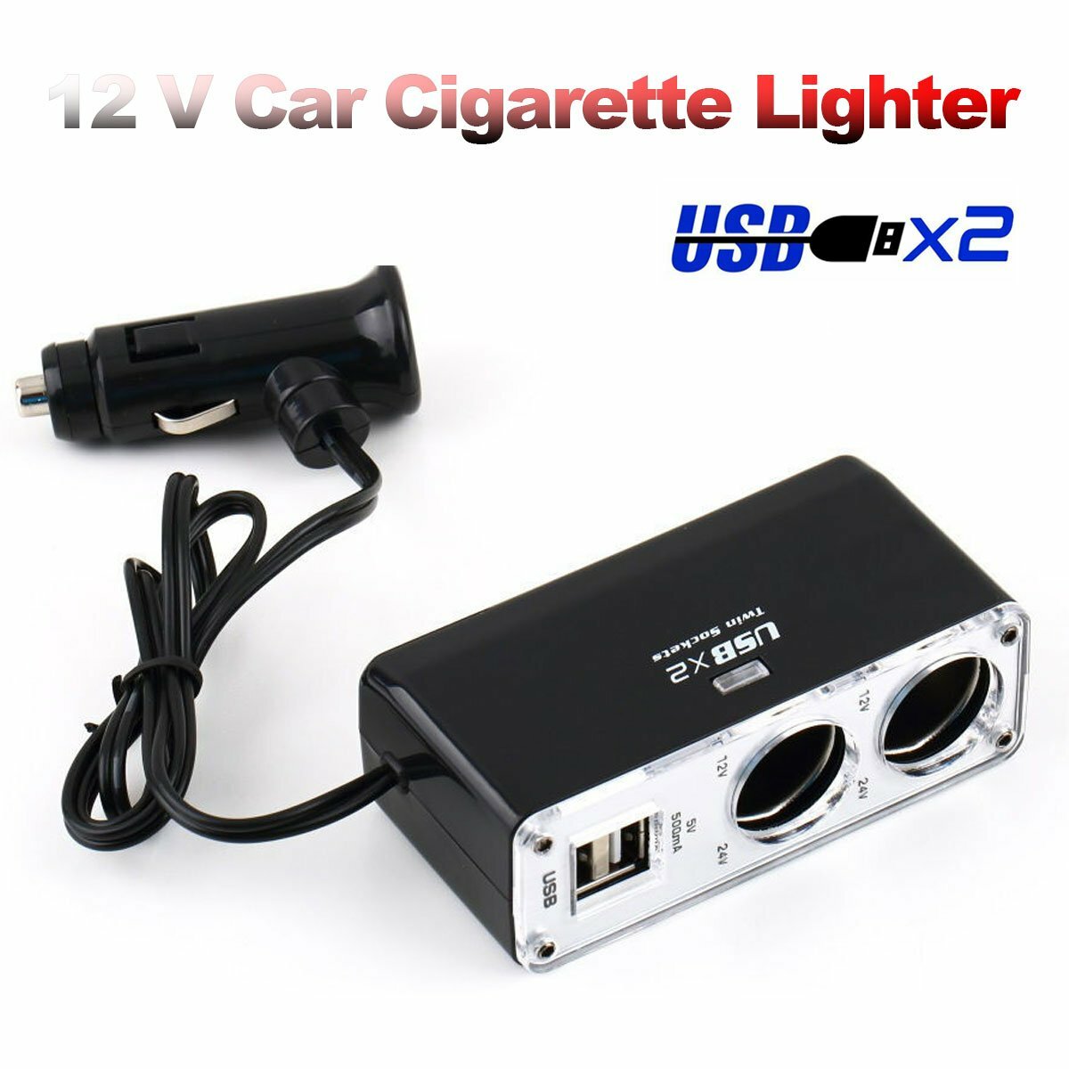2 Ways Car Cigarette Lighter Socket 12V Dual USB Charger Splitter Power Adapter