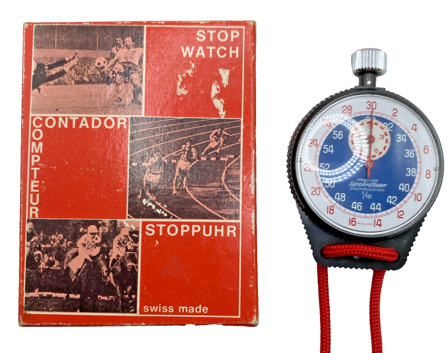 Precise Synchrometer Swiss Stopwatch Shock Resist 17" Lanyard Original Box VTG