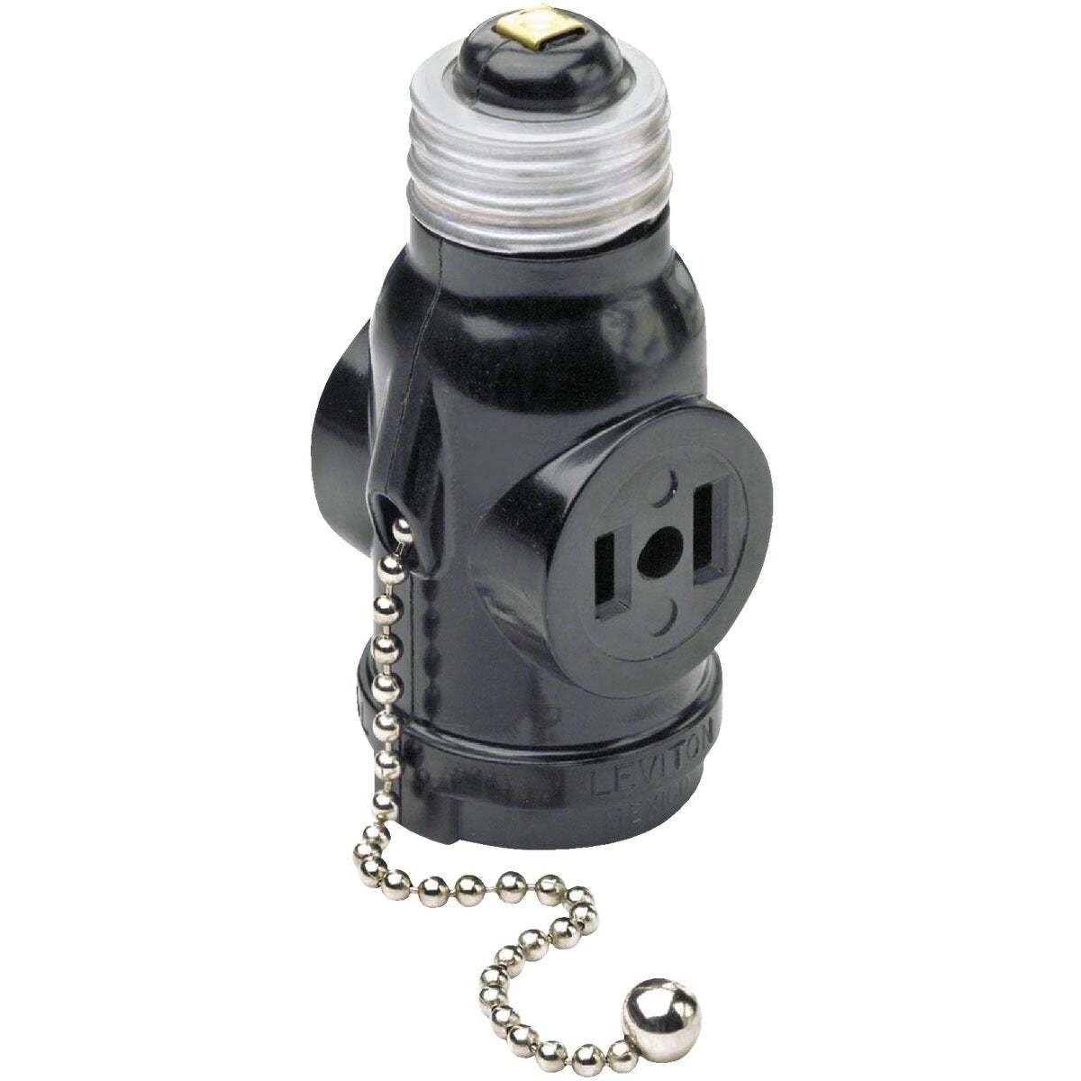 660 Watt, 125 Volt, Two Outlet With Pull Chain Socket Adapter, , Black