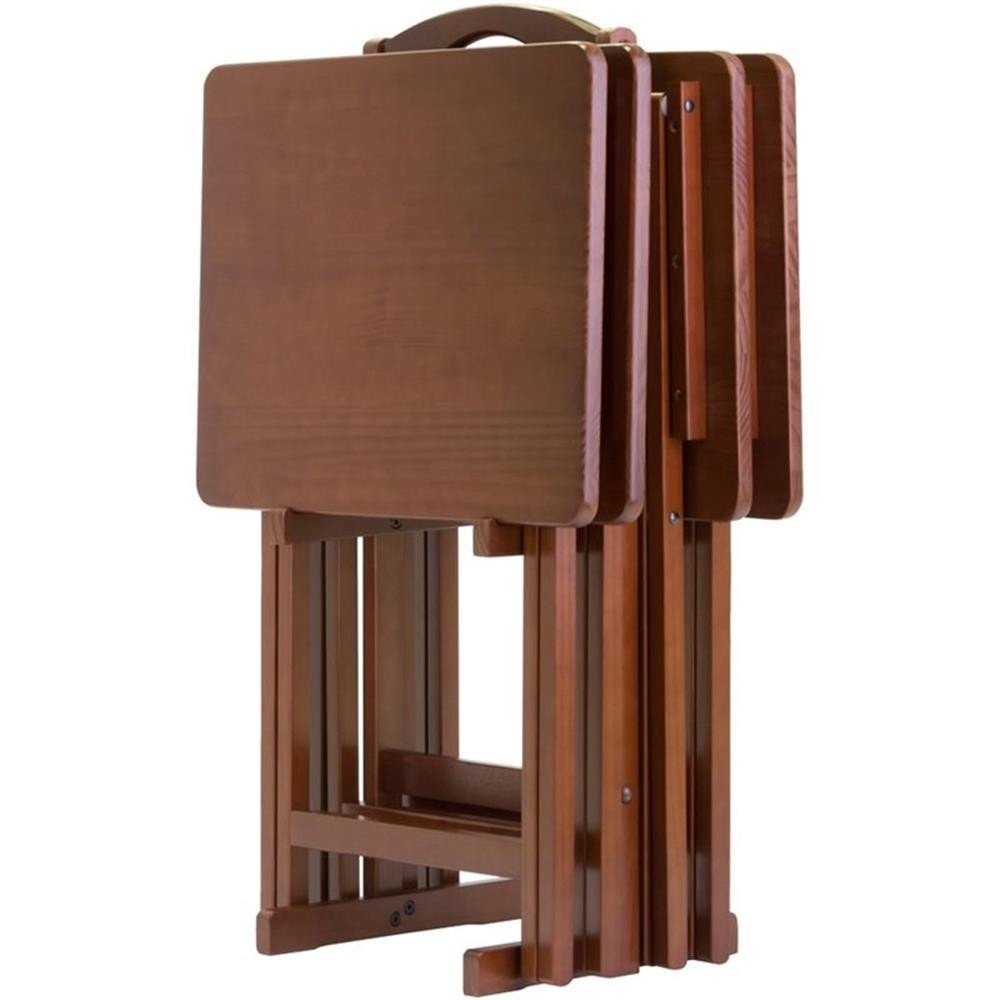 Pemberly Row 5-Piece Transitional Solid Wood Snack Table Set in Walnut