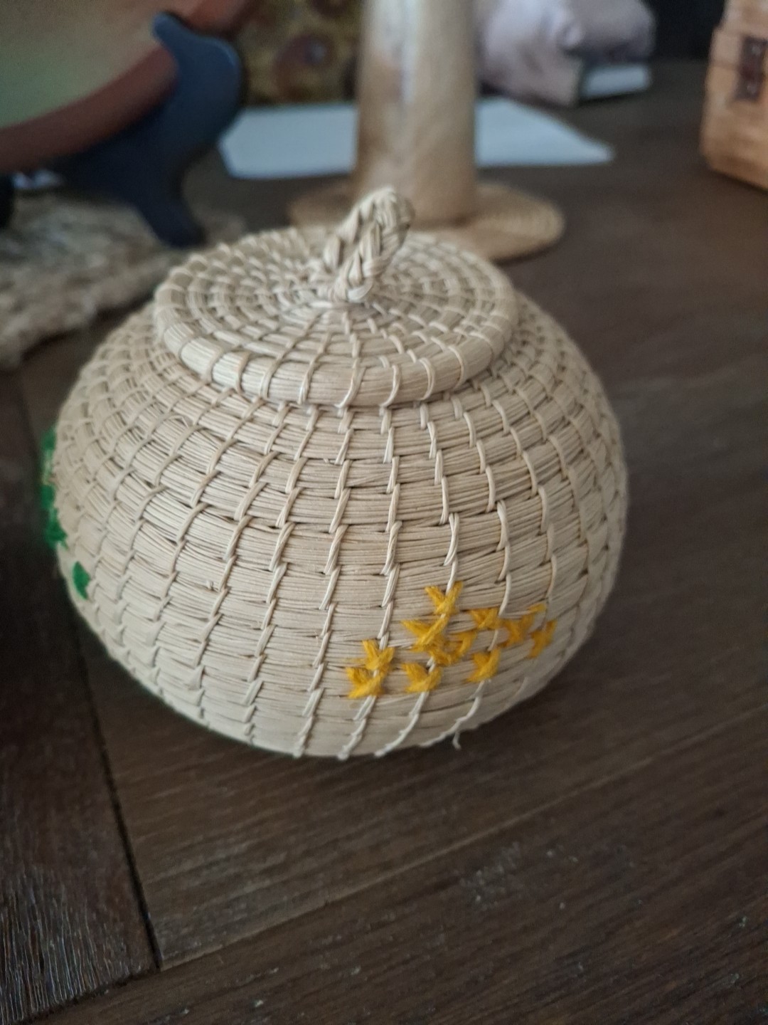 Small Hand Woven Lidded Baskets With Thread work