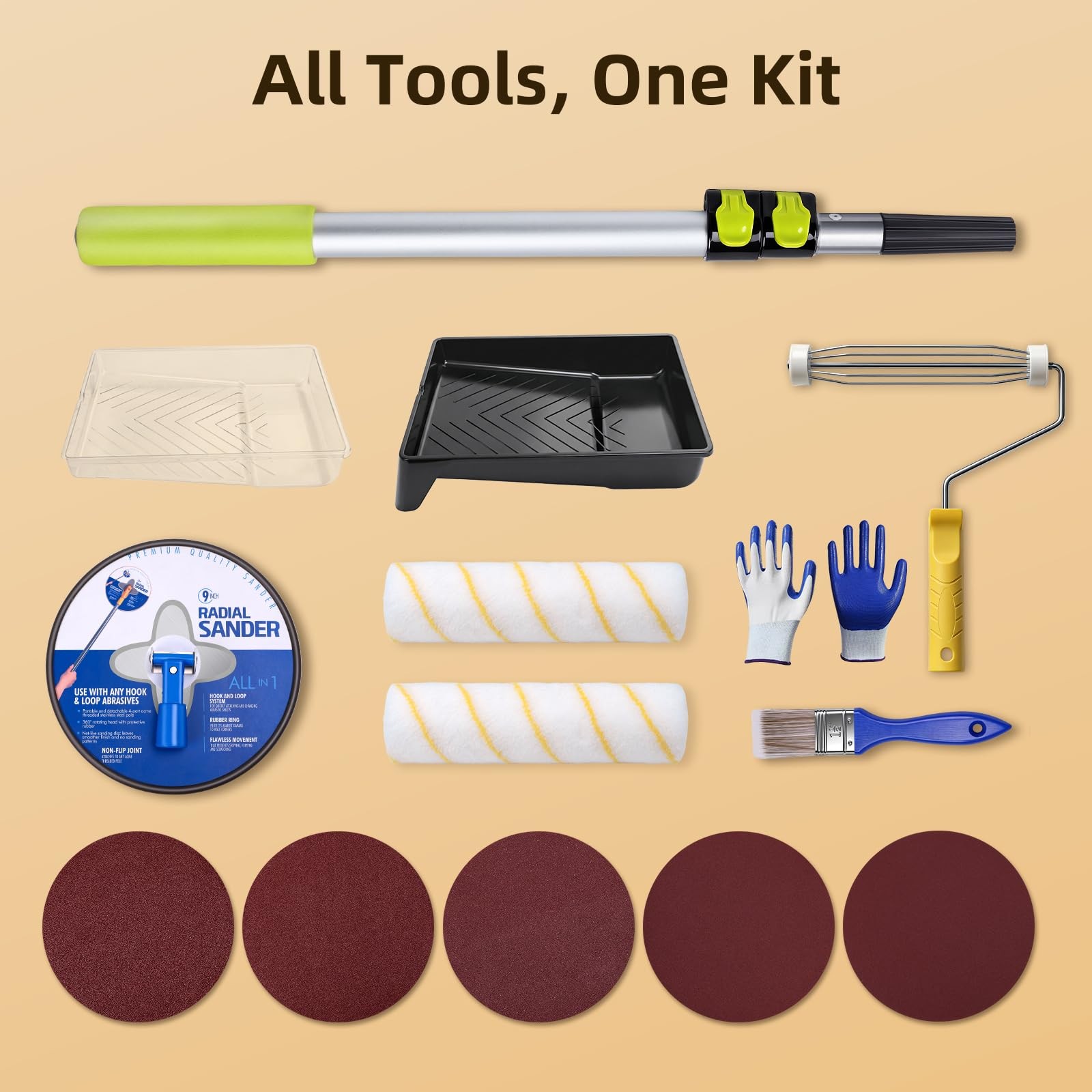 Drywall Pole Sander with Paint Roller Kit, Adjustable Extension Handle, 360° ...