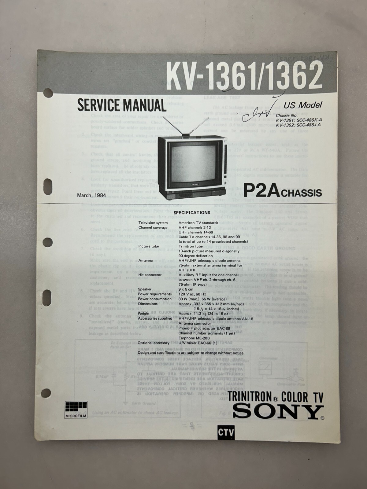 Sony KV-1361 1362 Original Service Manual Free Shipping