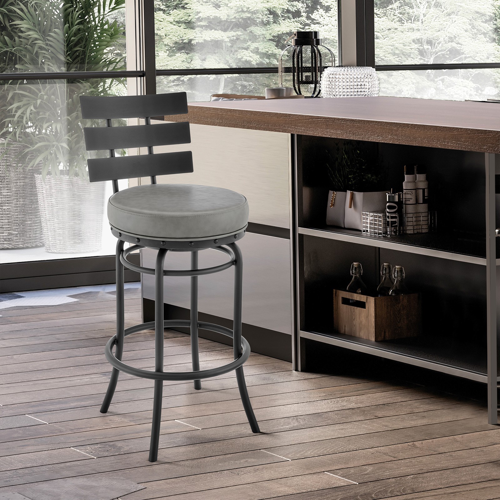 Xelora Swivel Counter or Bar Stool in Black Finish with Gray Faux Leather