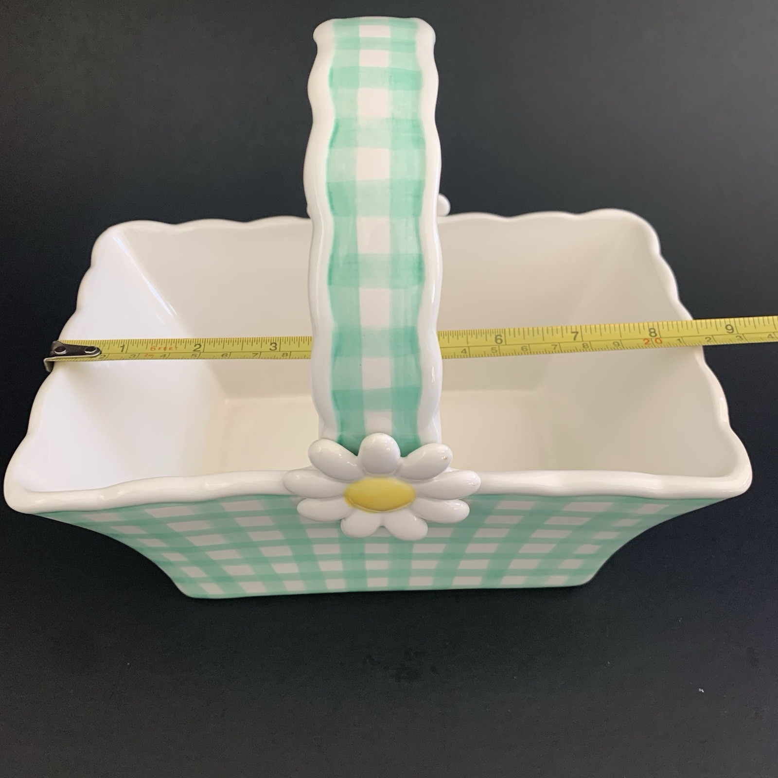 Gingham Green and White Daisy Flower Basket Ceramic