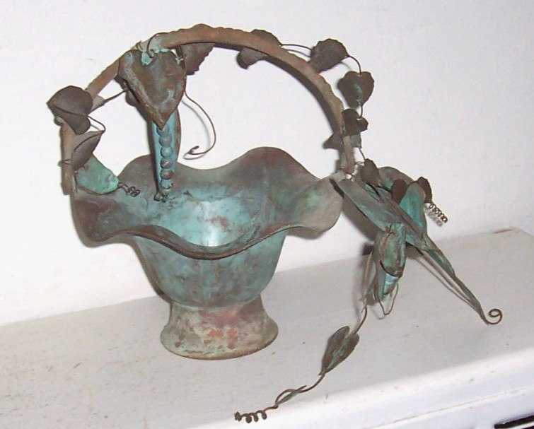 Artisan Verdigris Metal Basket Pea Pods Leaves