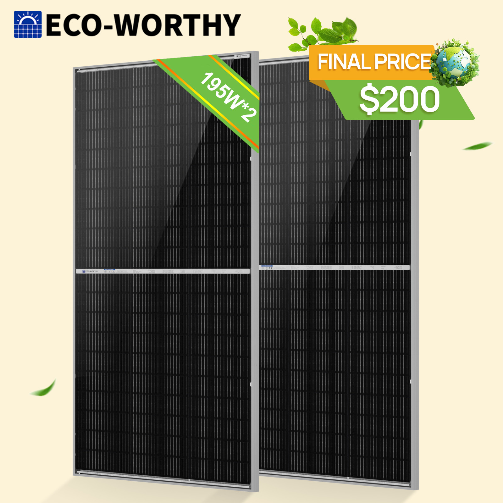 ECO-WORTHY 2Pack 195W N-Type 18BB Bifacial Solar Panels 25% High Conversion RV