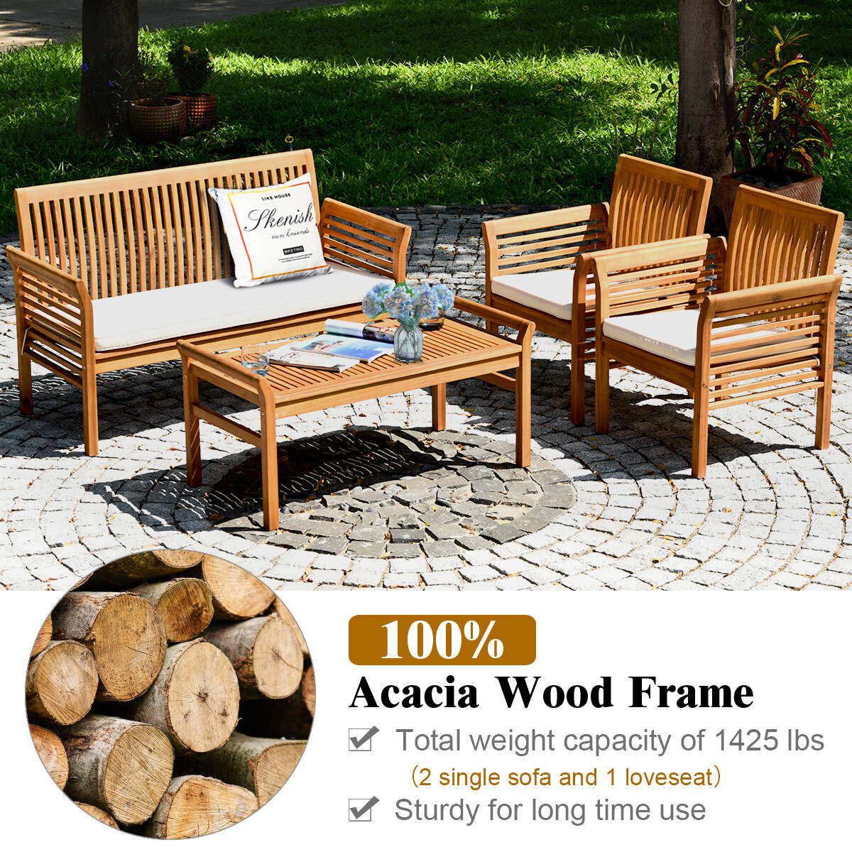 Topbuy 8 PCS Patio Acacia Wood Sofa Set Table Chairs W/ Beige Cushions
