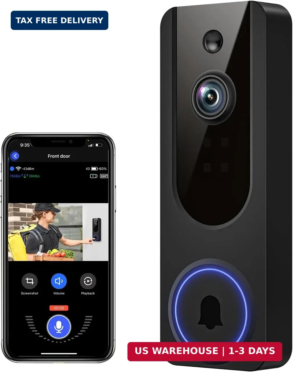 1080p WiFi Video Doorbell Camera Wireless, Battery Powered, AI Human and Motion