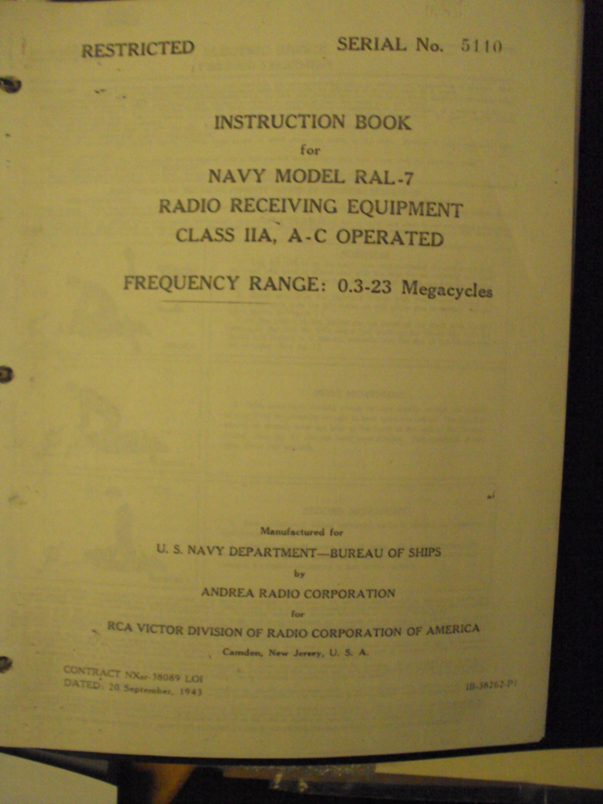 Manual Navy Model RAL-7 Radio Receiving Equipment; 20Sept1943, 53 pages