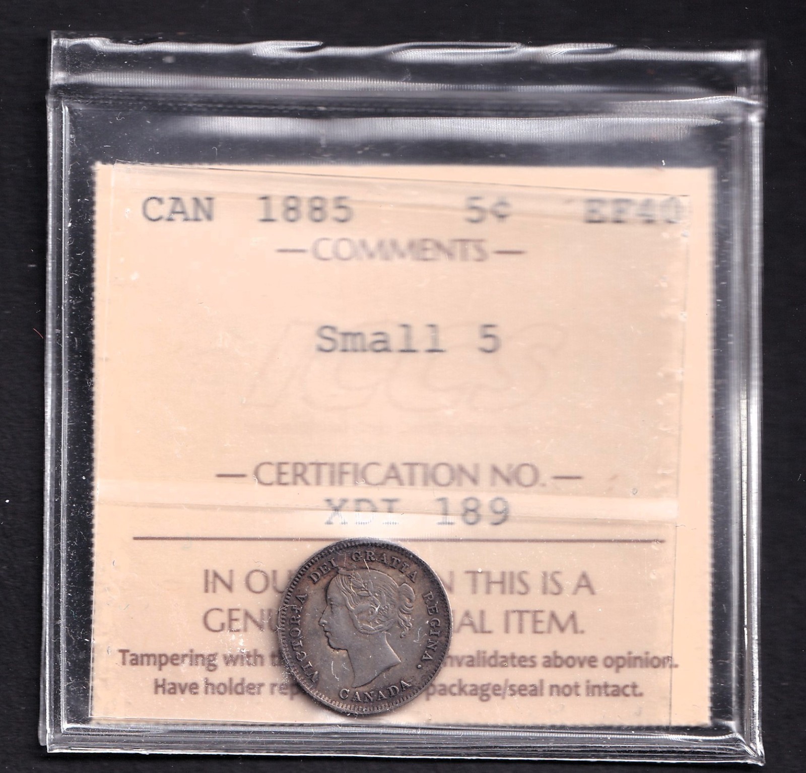 Canada 1885 5c Five Cent Nickel ICCS Graded EF-40 Key Date Small 5 Victorian