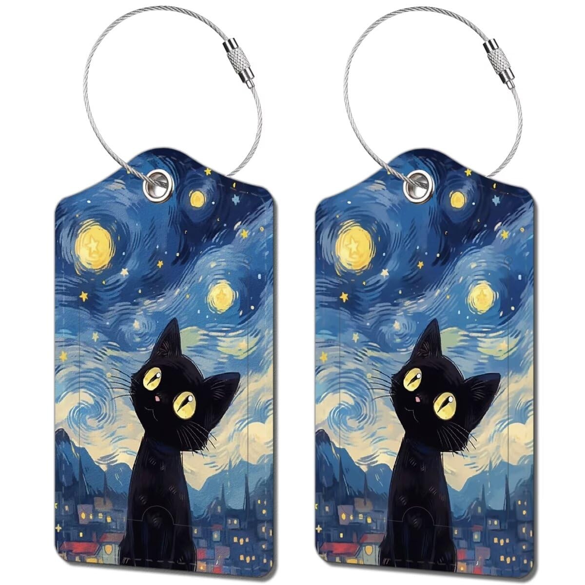 2 Pack Luggage Tag for Suitcase, Cute Unique 4.6 x 2.7 in, Black Cat Sky
