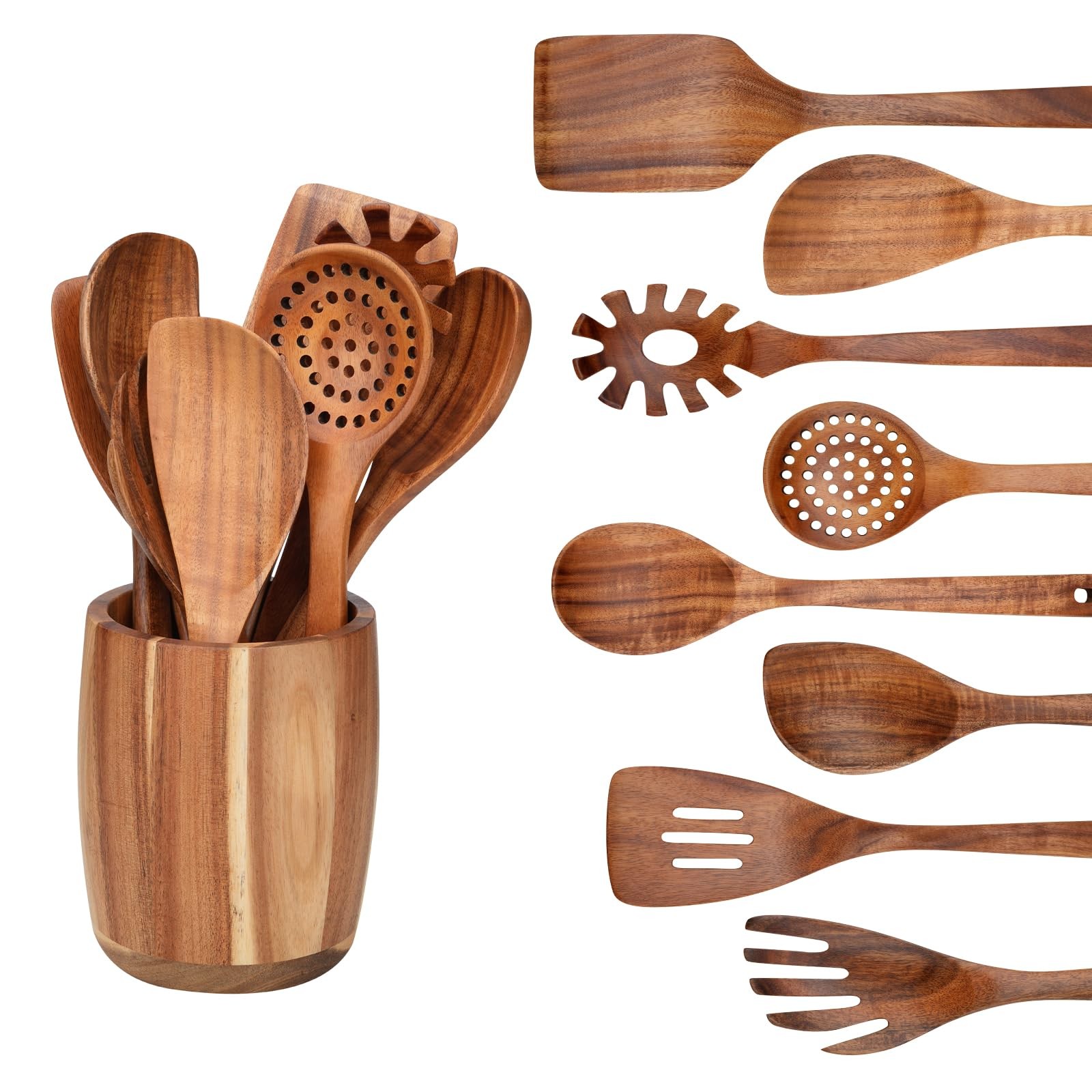 9 PCS Kitchen Utensils Set - Wooden Spoons for Cooking, Natural Teak Wooden U...