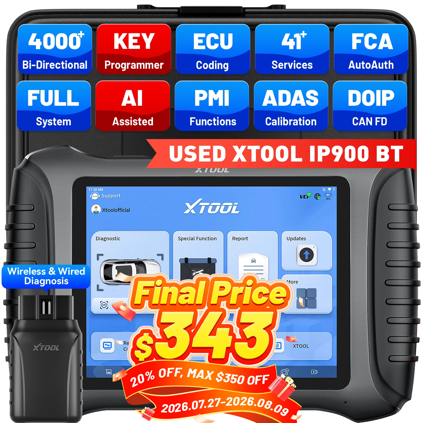 USED XTOOL IP900BT OBD2 Scanner AI-Assisted Wireless Diagnostic Tool Key Coding
