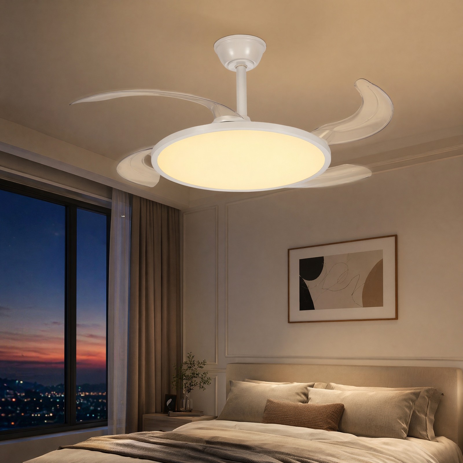 42 inch White Low Profile Retractable LED Ceiling Fan Remote Control with Light
