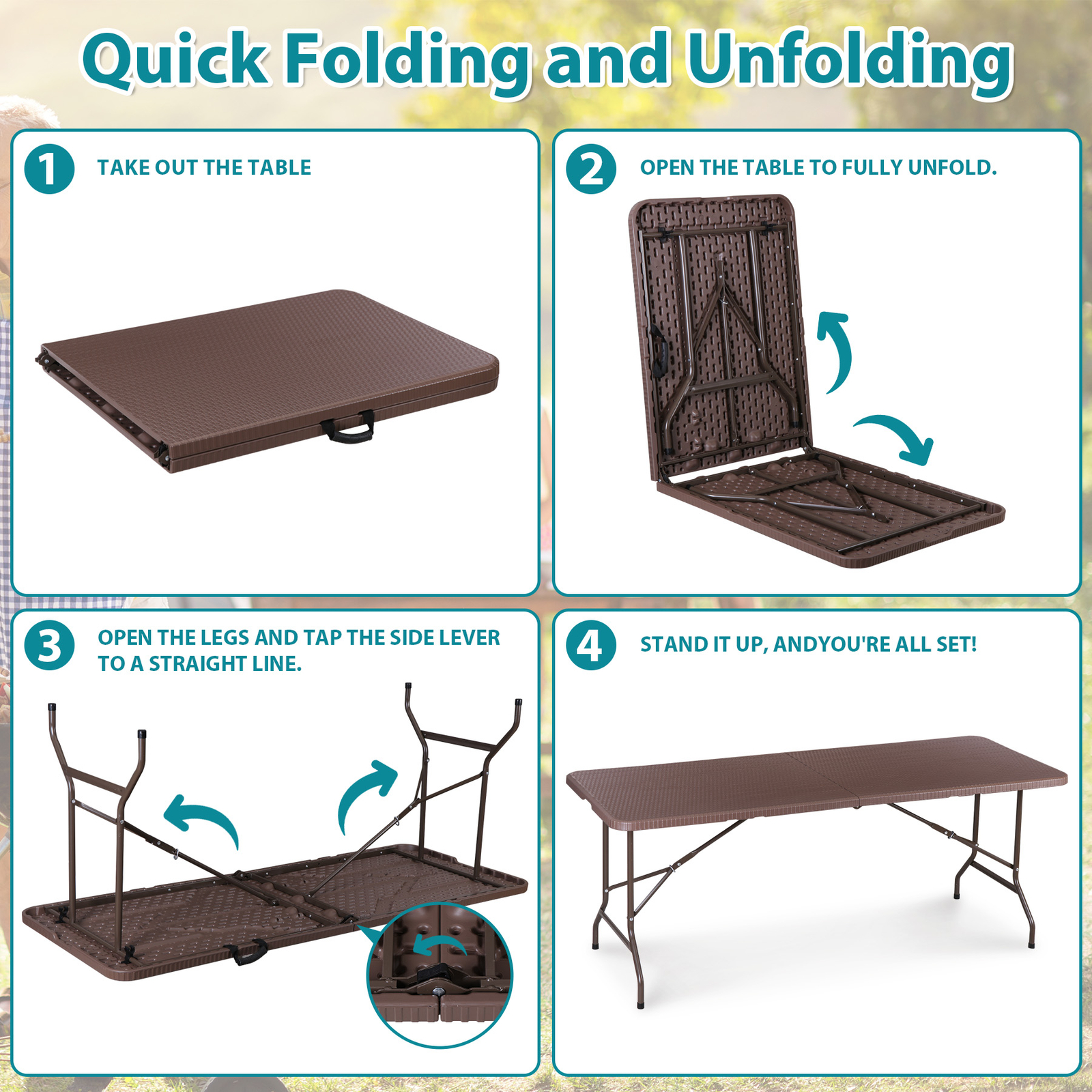 6FT Plastic Folding Table - Folds in Half w/ Carrying Handle Rectangular Brown