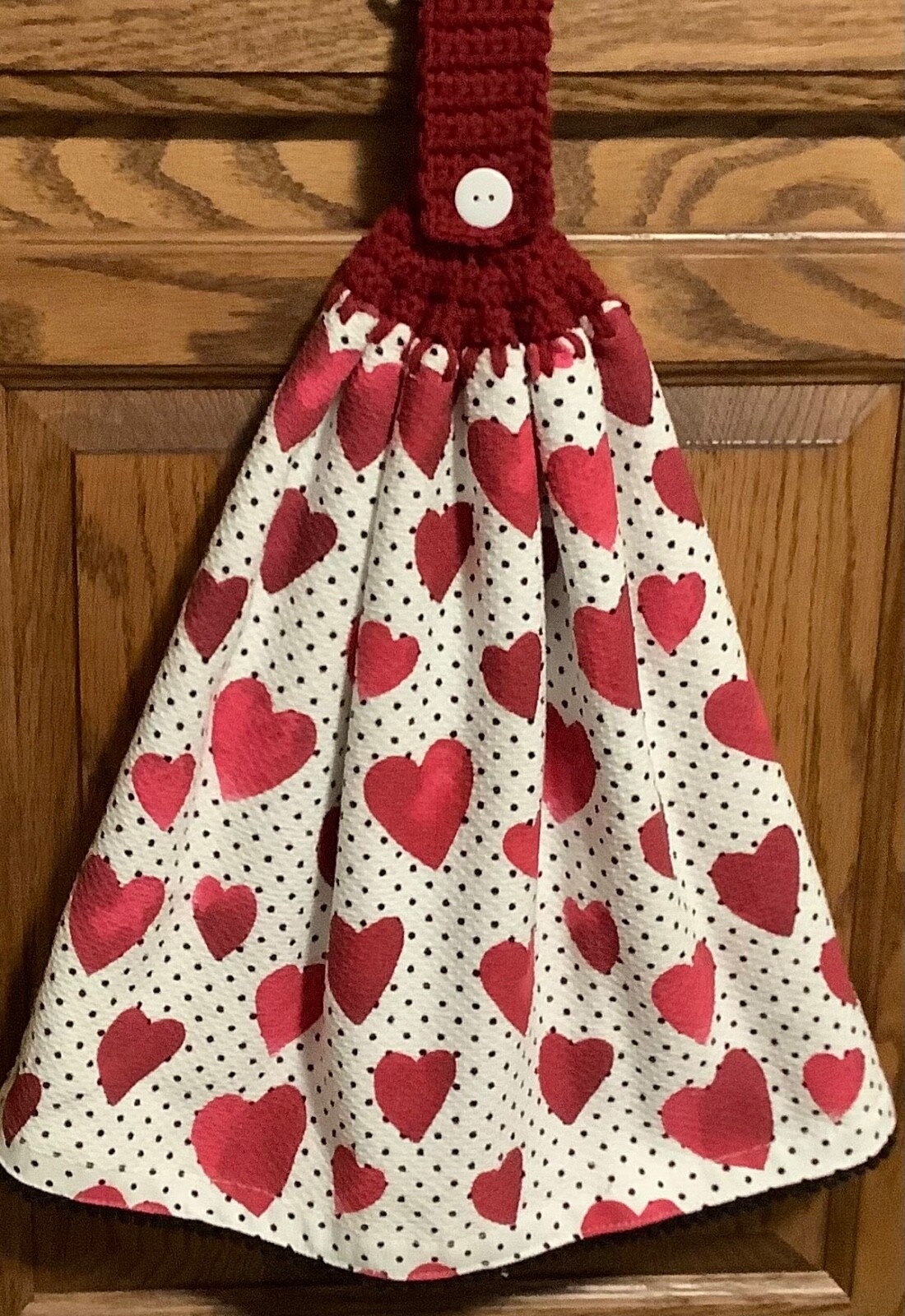 Double  hanging kitchen towel Valentine hearts polka dots crocheted red top