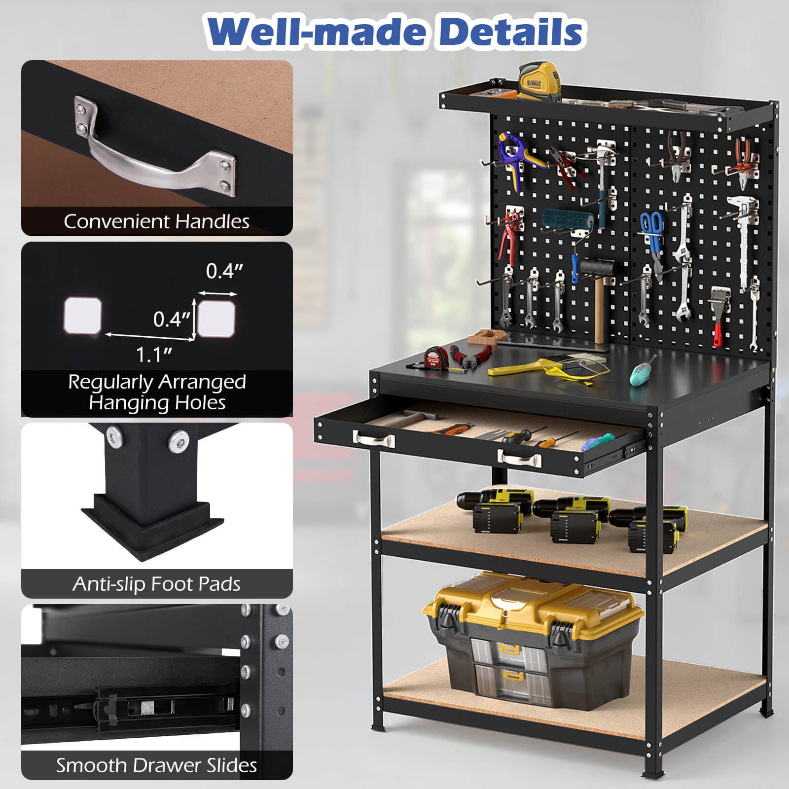 32" x 16" Workbench with Pegboard 20PCS Tool Hooks Drawer and Open Shelves