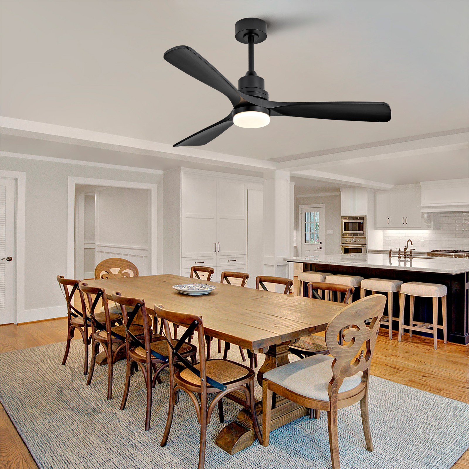 52" Modern Black Ceiling Fan With Light 3 Solid Wood Blades Remote Control