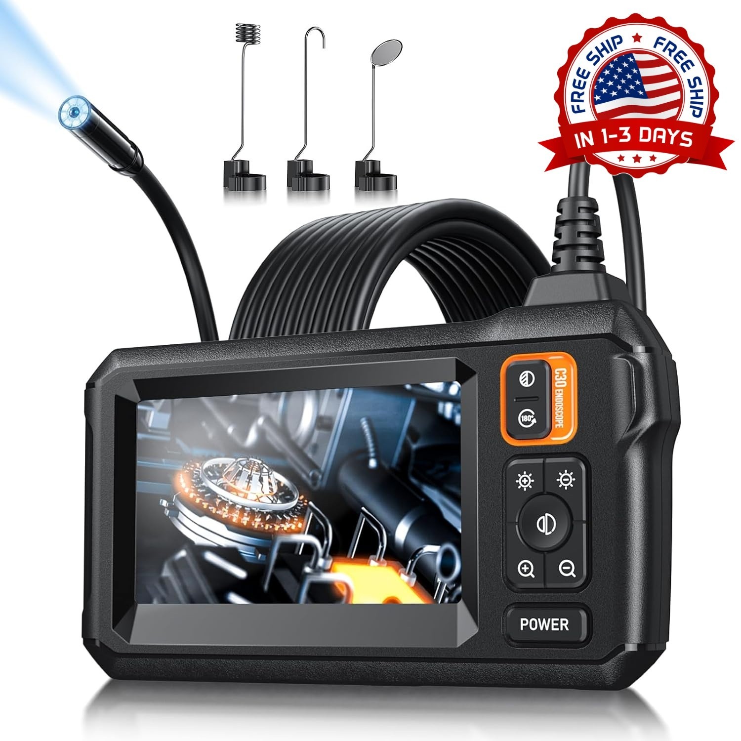 Boroscopio de inspección con cámara HD de 1920P y pantalla IPS de 4,3" con luz