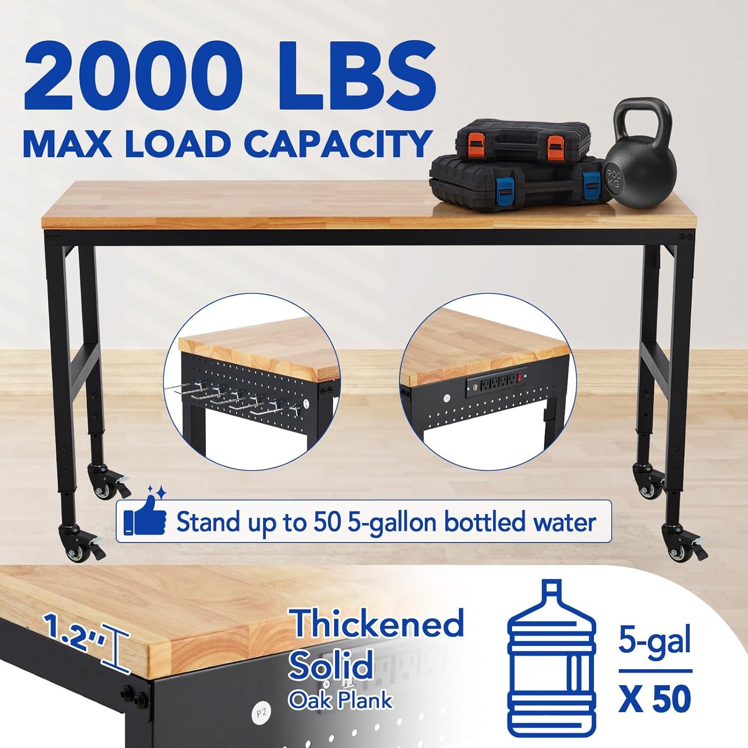 72" Adjustable Workbench, Heavy Duty Workstation with Power Outlets, 2000 LBS