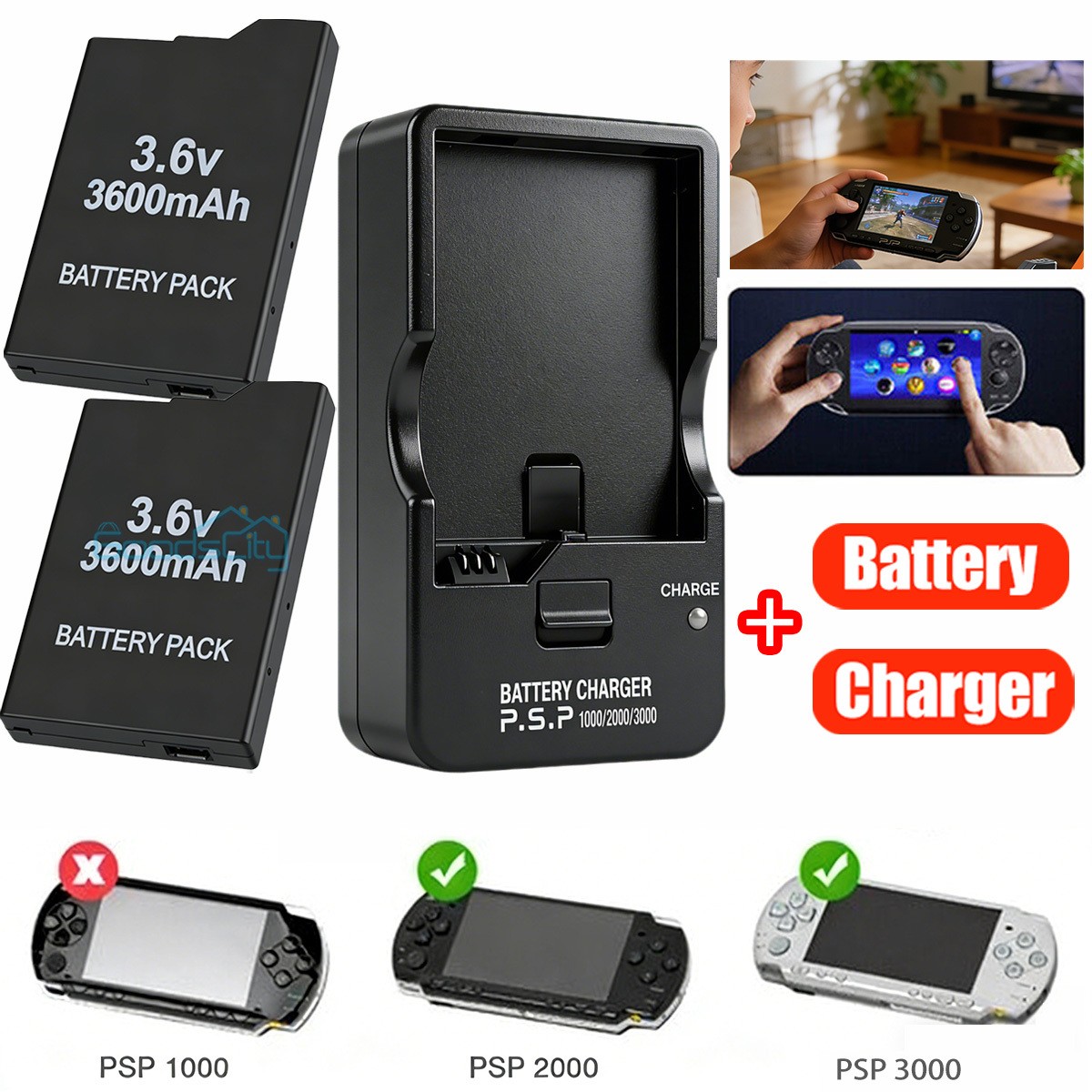 Kit of 3600mAh Battery + Wall Charger For PSP 2000 3000 3001 Replacement Game
