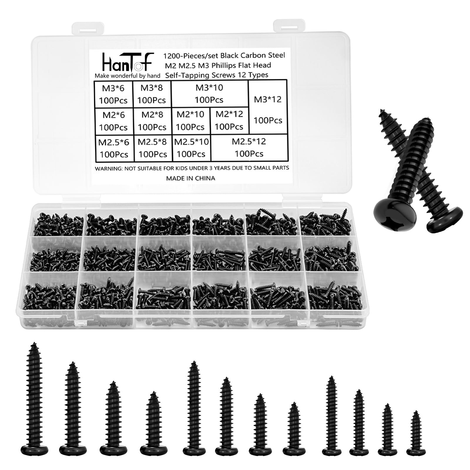 1200Pcs Black Tiny Self Tapping Screws for Wood, Plastic and Soft Metal. Phillip