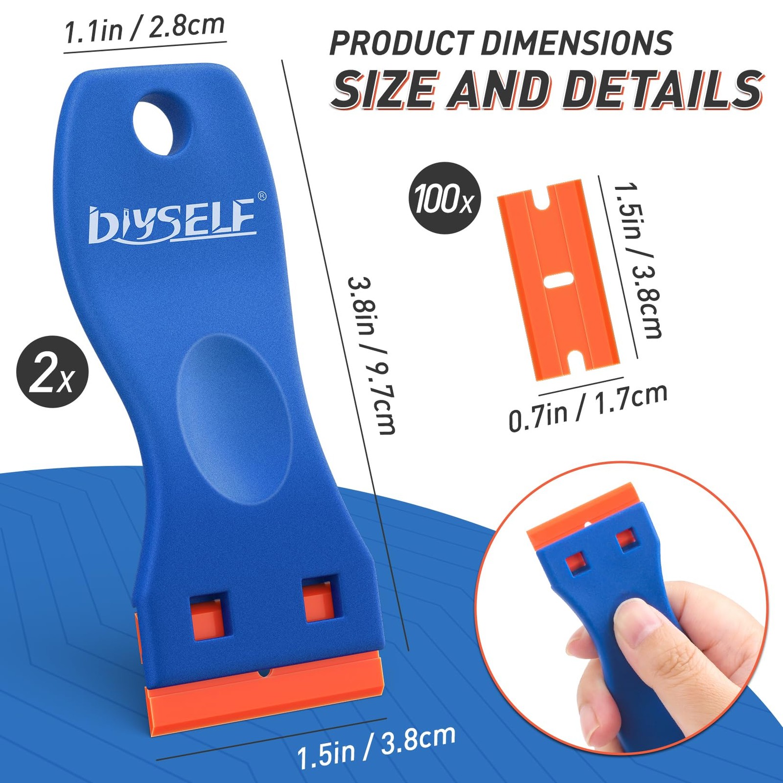 DIYSELF 2 Pack Plastic Razor Blade Scraper, Extra 100Pcs Blue