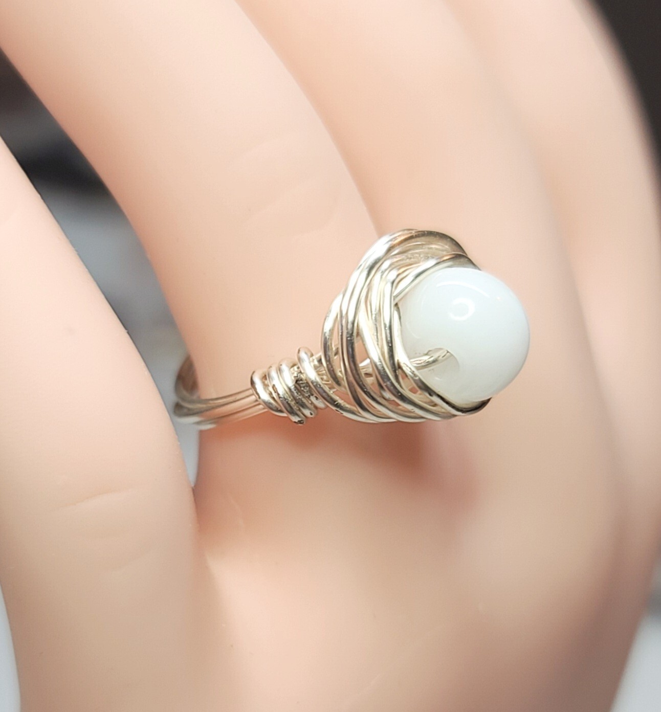 Handmade Wire Wrapped Ring White. Cat Eye Bead Size 7.