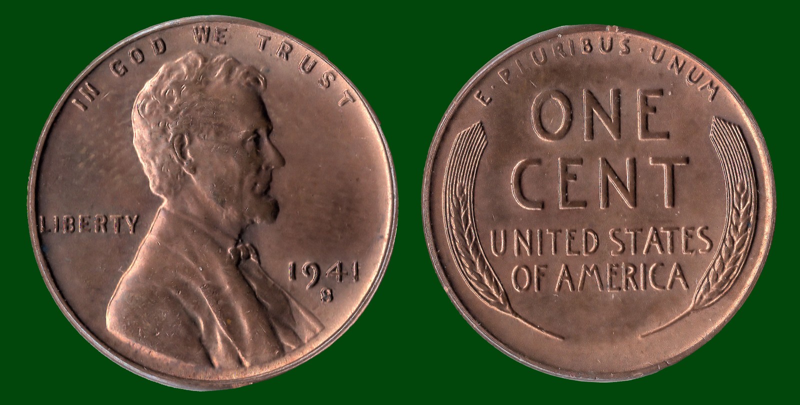 1941 S Lincoln Red Copper Wheat Cent Extra-Fine Almost Uncirculated Ungraded