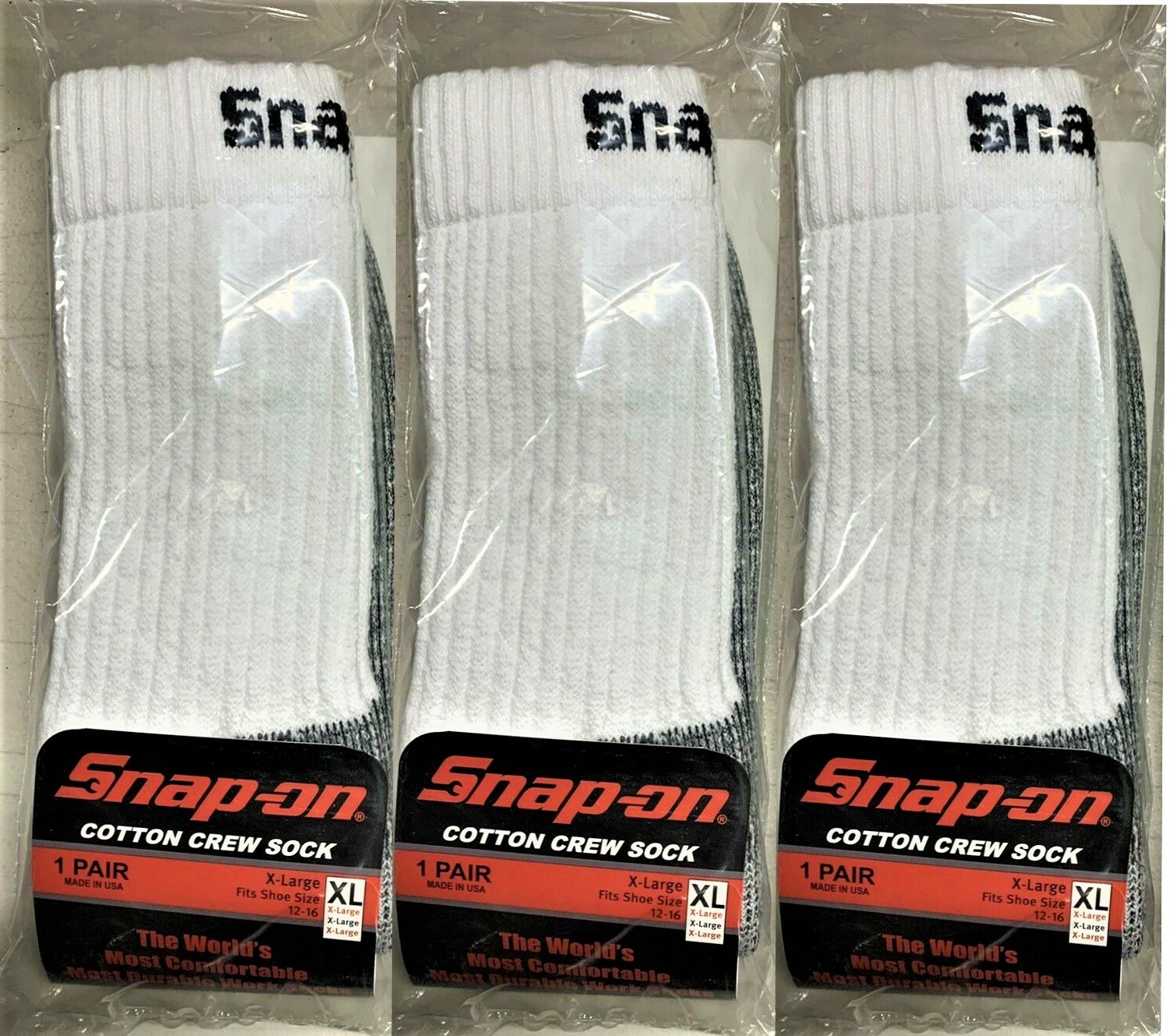 3 PAIRS SNAP-ON Crew Socks Men's WHITE X-LARGE *FREE SHIPPING* MADE IN USA *NEW*